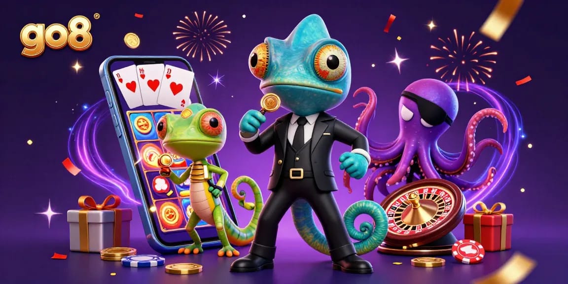 Go8 players spin colorful reels and win big amidst a lively casino atmosphere.
