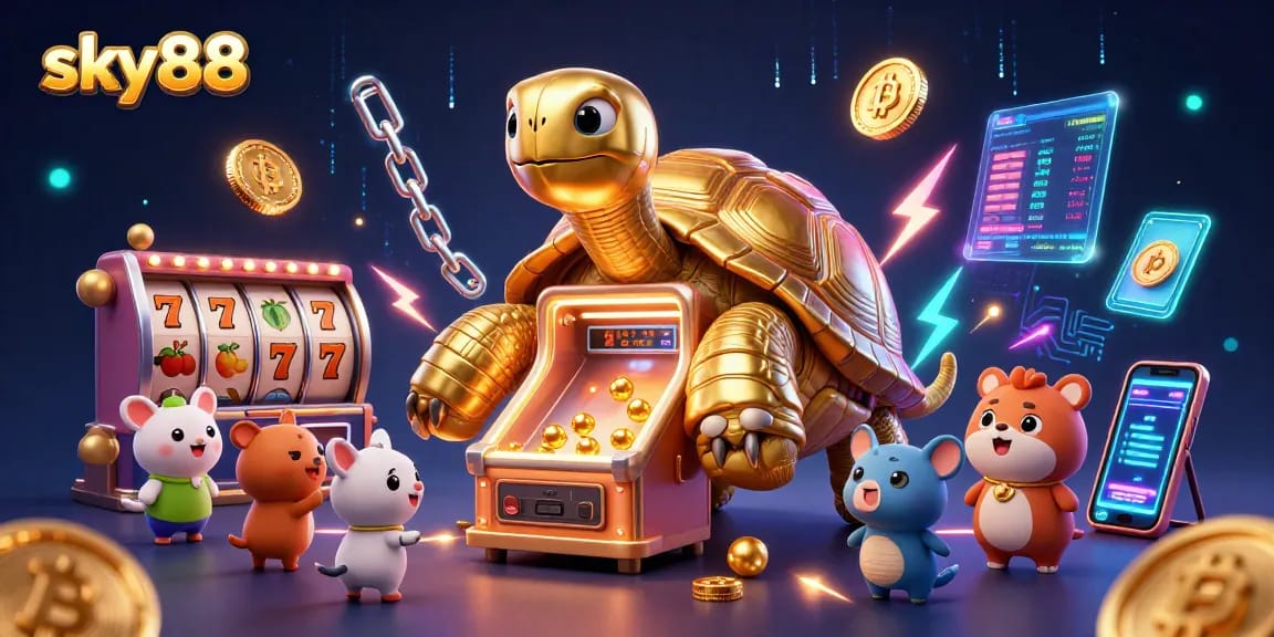 Play exciting games at sky88 casino featuring a colossal golden tortoise pinball machine.