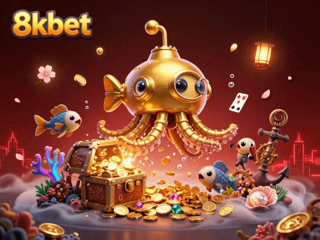 Play exciting games at 8kbet, featuring a captivating submarine scene brimming with treasure.