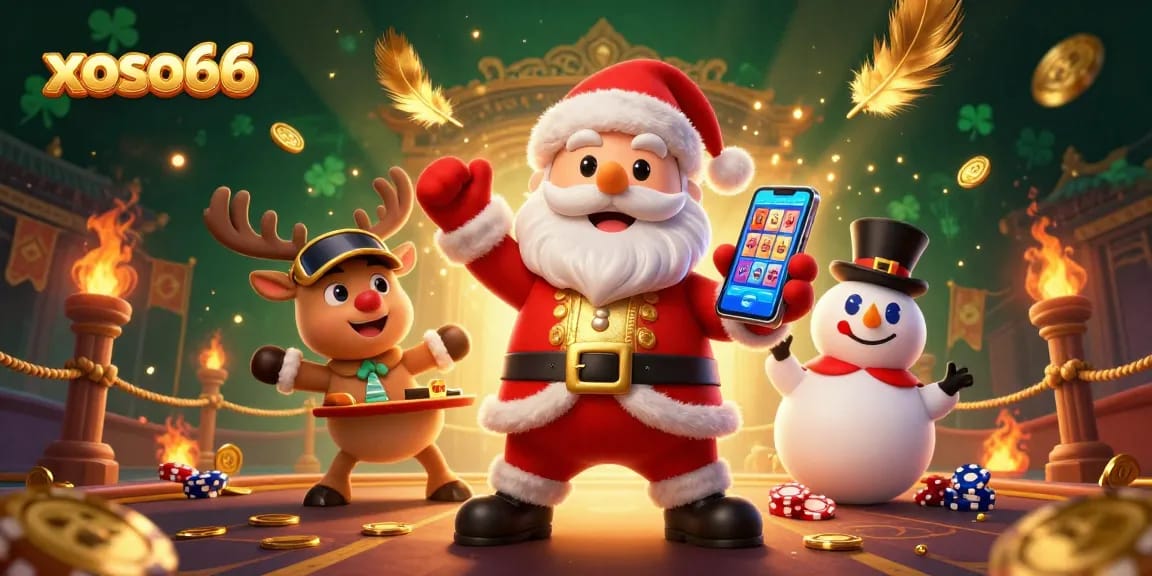 Experience the excitement of xoso66 with Santa Claus, reindeer dealer, and poker chip snowman in a vibrant casino scene.