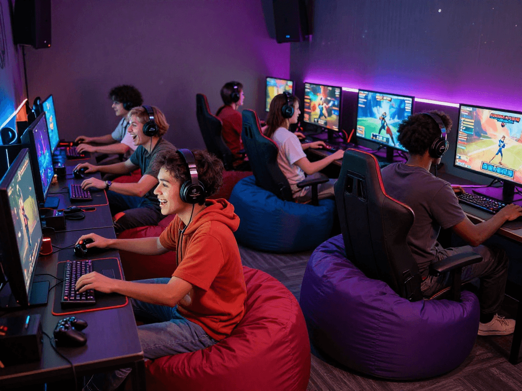 Porn games players enjoying interactive experiences in a vibrant gaming lounge.