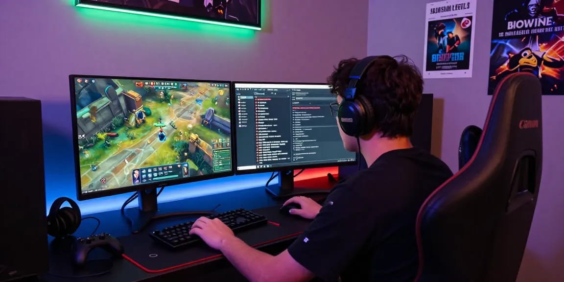 Gamer utilizing PROOFCORE cheats for an enhanced gaming experience in a vibrant, tech-savvy environment.