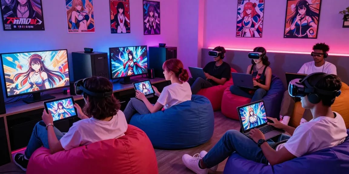 Engaged gamers playing hentai games in a cozy lounge with vibrant LED lighting.