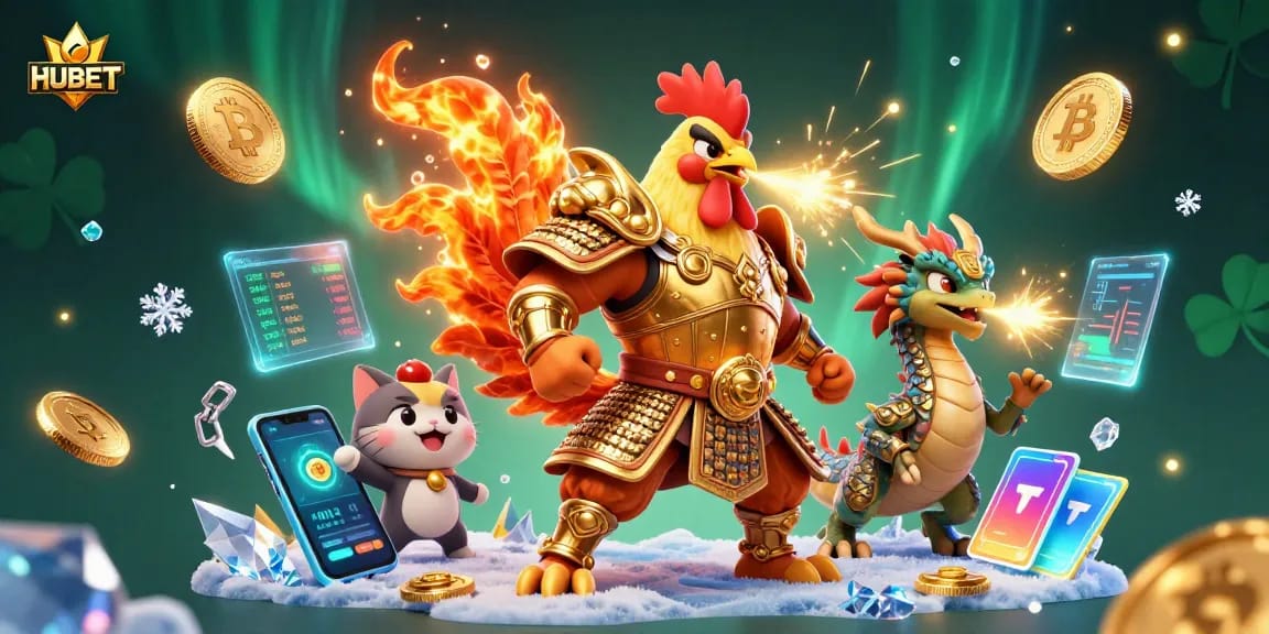 Engage with HUBET's exciting games featuring a fierce samurai rooster and dragon amidst glowing crypto elements.