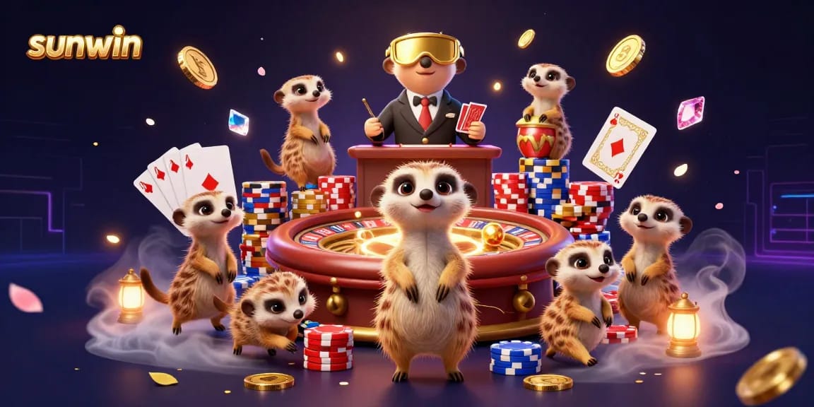 Engage in thrilling gameplay at Sunwin Casino with a vibrant meerkat colony orchestrating a lively casino operation.