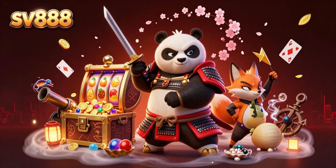 Engage with sv888’s thrilling casino world featuring samurai panda and ninja fox amidst vibrant gaming elements.