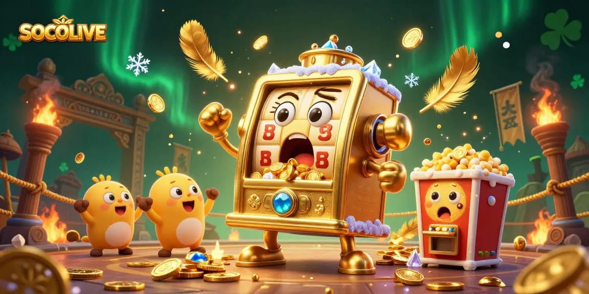 SOCOLIVE slot machine hitting a jackpot, surrounded by cheering machines and coins.