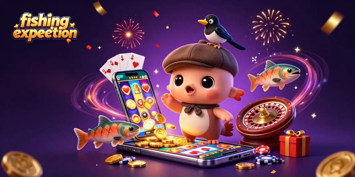 Join the fishing expedition with a cute Nessie and casino elements in a vibrant 3D illustration.