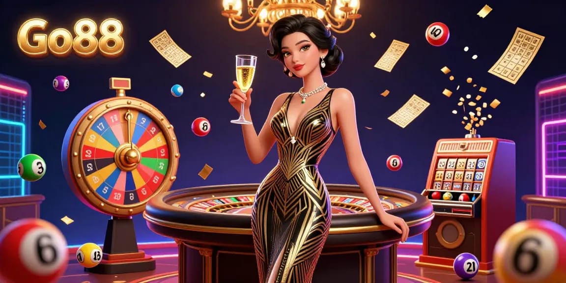 Engage with Go88’s thrilling jackpot slots and dynamic lottery gaming experience in this vibrant digital illustration.