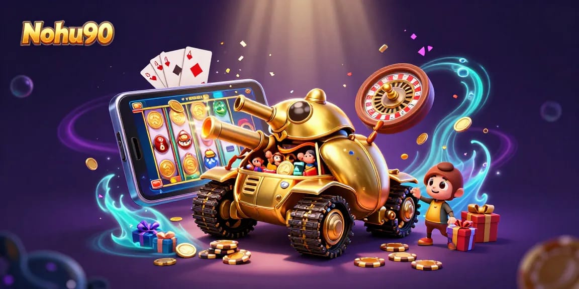 Nohu90 offers a dynamic slot gaming experience with a vibrant casino-themed 3D illustration packed with action.