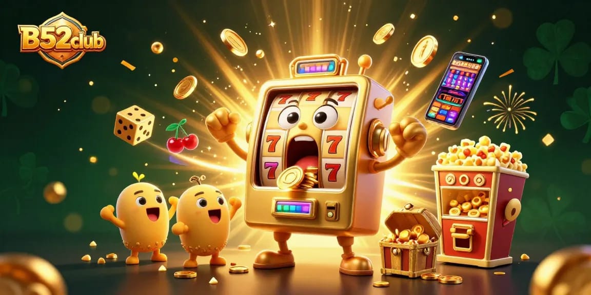 B52club's golden slot machine celebrating a jackpot with coins pouring out, surrounded by cheering smaller machines and festive casino symbols.