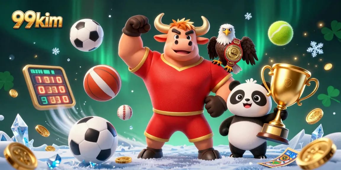 Win big at 99kim, featuring a muscular bull, eagle, and panda celebrating with a trophy and golden coins.