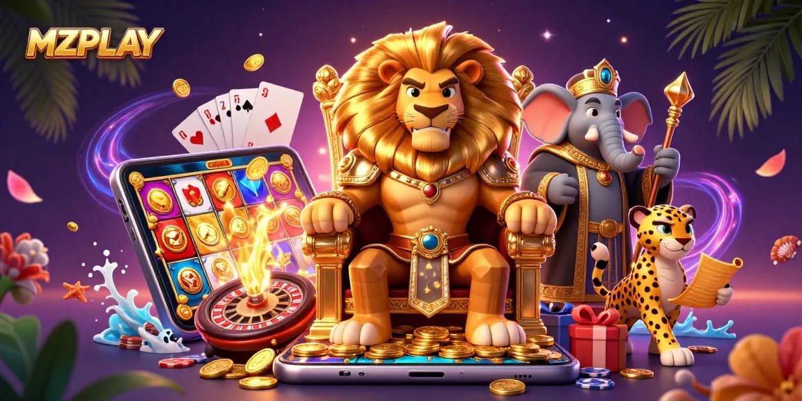 MZPLAY casino illustration featuring a lion king on a throne of coins, showcasing vibrant gaming elements.