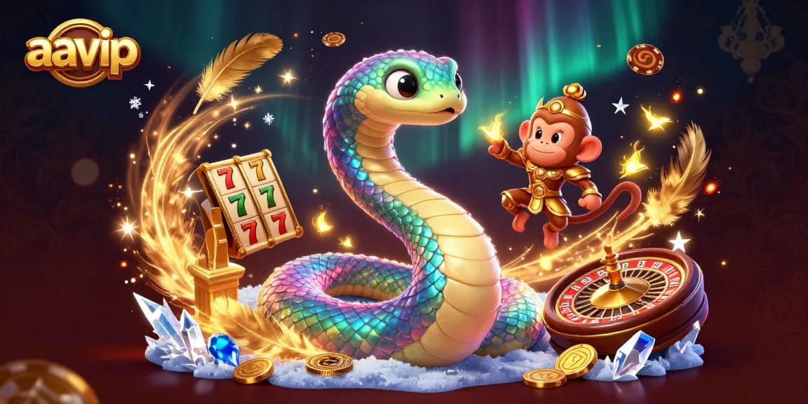 Spin the reels with AAVIP's vibrant casino scene featuring a rainbow serpent and golden monkey king.