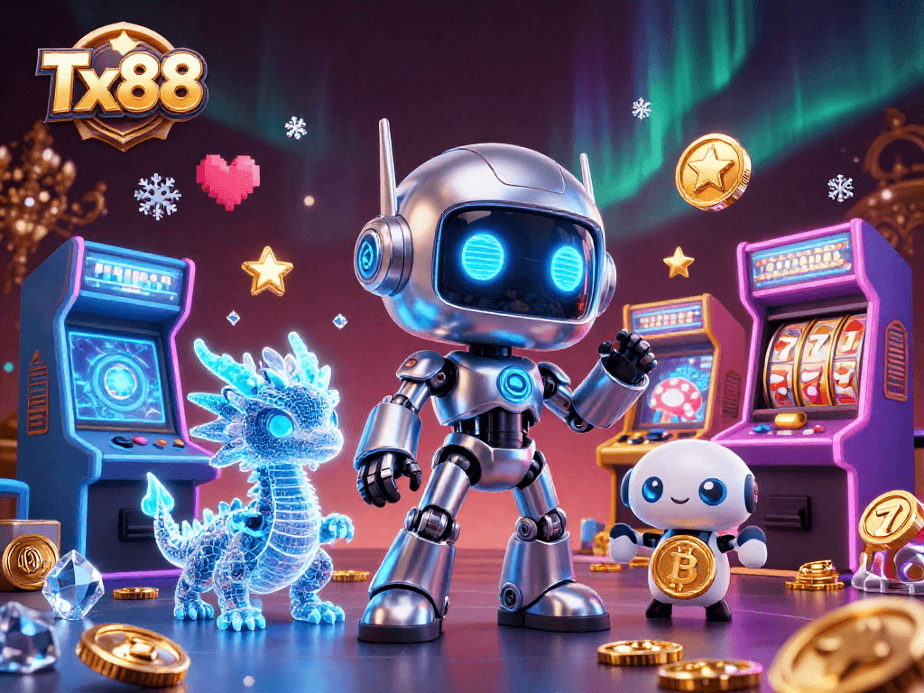 Engage with Tx88's vibrant gaming experience featuring a robotic mascot and dazzling casino elements.