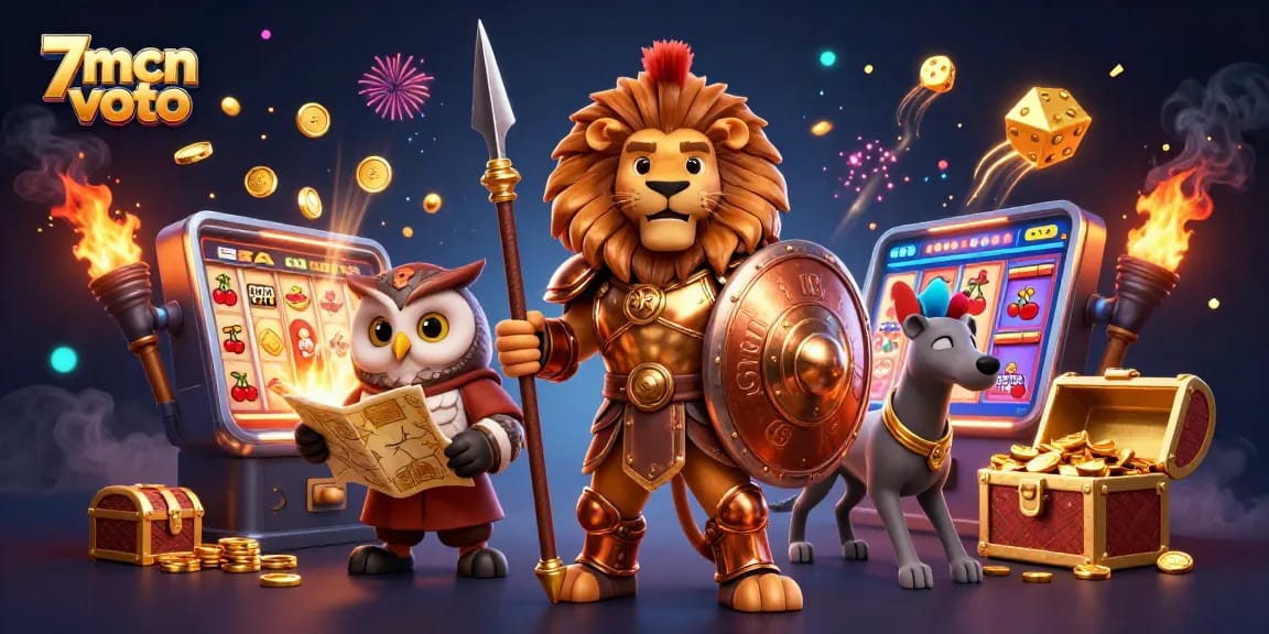 Engage in thrilling action with 7mcn voto through a colorful casino scene depicting lively characters and jackpot excitement.