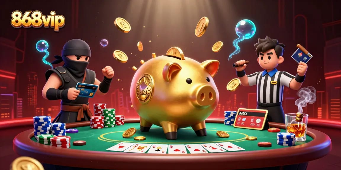 Engage with the dynamic 868vip gambling scene featuring a piggy bank sumo wrestler surrounded by poker elements.