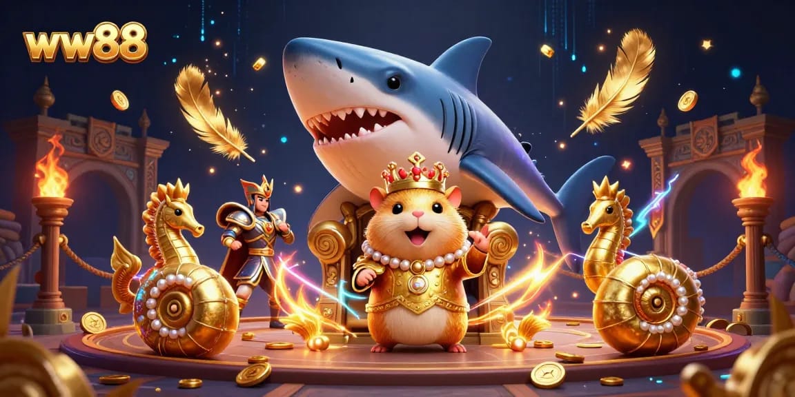 Experience thrilling casino action with ww88, where a golden hamster king presides over vibrant gaming elements.