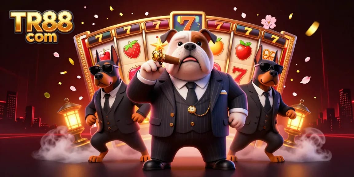 Engage with TR88 com while enjoying a vibrant casino scene featuring a mafia bulldog and dynamic slot reels.