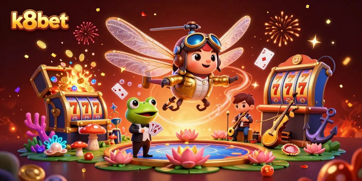 Engage with exciting casino action at k8bet featuring vibrant characters and games in a dynamic 3D scene.