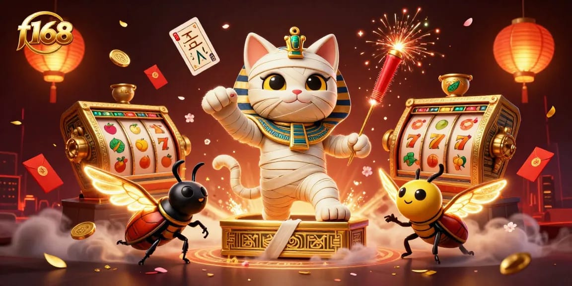 Experience exciting f168 casino fun with a 3D mummy cat and vibrant slot games in a magical setting.