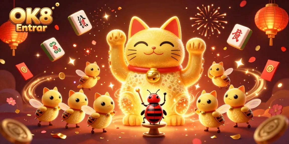 Engage with OK8 Entrar in an exhilarating cartoon scene showcasing a lucky cat and casino elements.