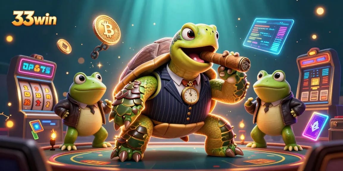 Engage in gaming excitement with 33win's unique casino atmosphere illustrated by 3D cartoon characters.