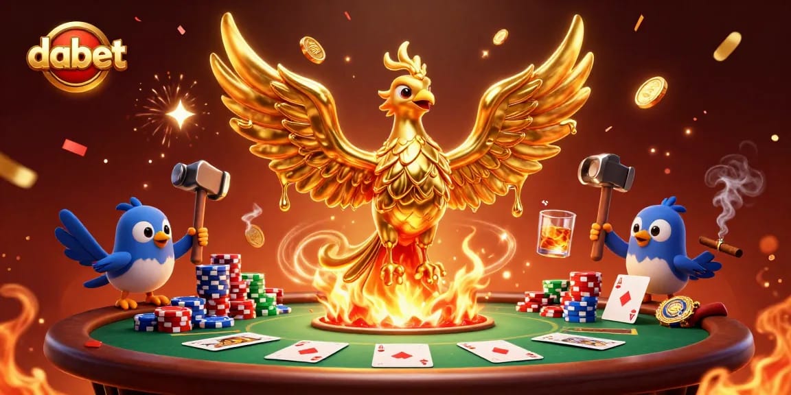 Experience the excitement of dabet casino with a golden phoenix and vibrant poker elements.