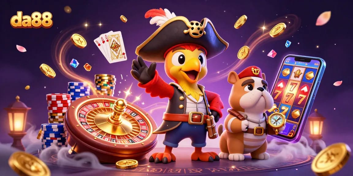 Witness the excitement of da88 with a vibrant casino illustration showcasing thrilling games and characters.