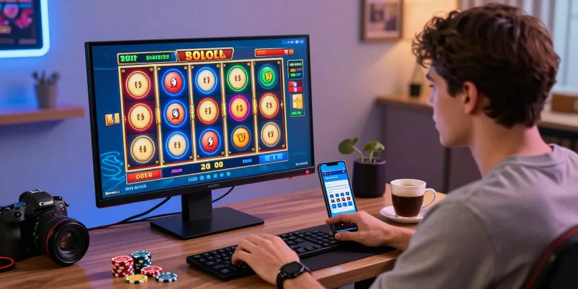 A young adult enjoying an interactive slot game at home, emphasizing the online gaming experience.