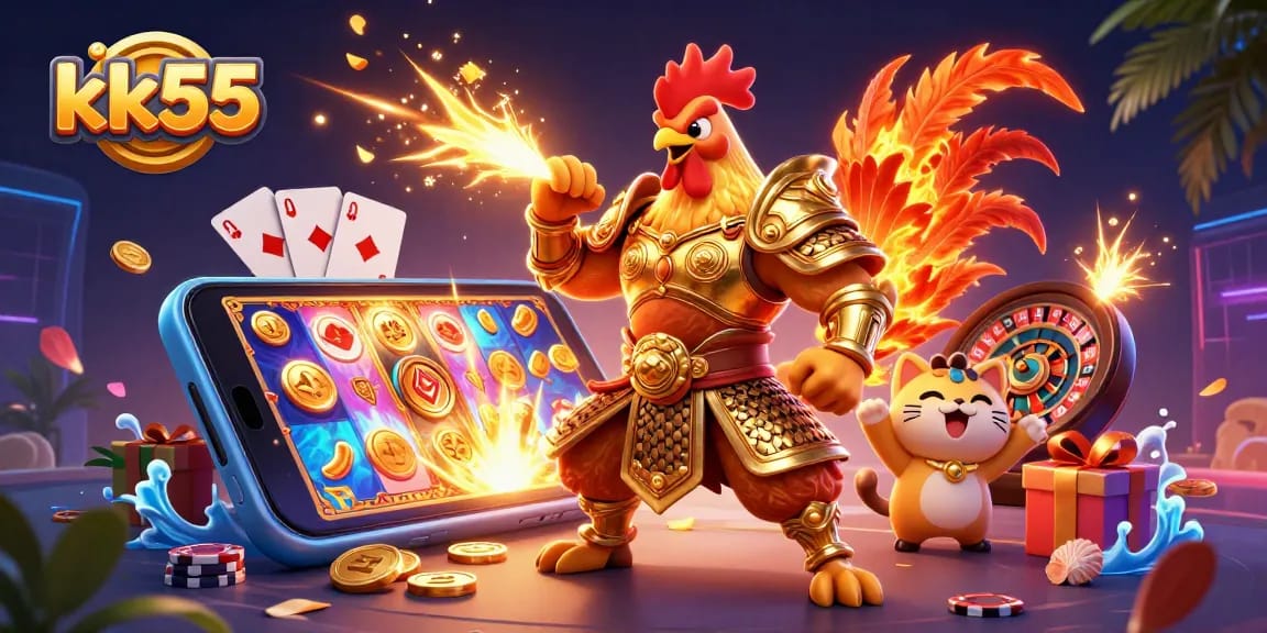 Engage in exciting gameplay at kk55 with a warrior rooster and dragon amidst spinning reels and vibrant casino elements.