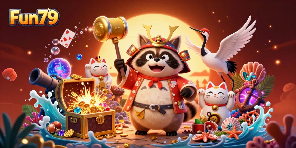 Experience thrilling gameplay with Fun79's colorful 3D illustration of joyful characters and treasure-filled scenes.