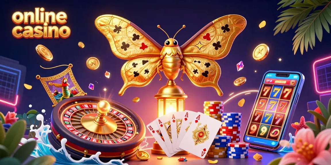 Experience the thrills of an online casino with golden treasures and vibrant game elements in this rich 3D illustration.