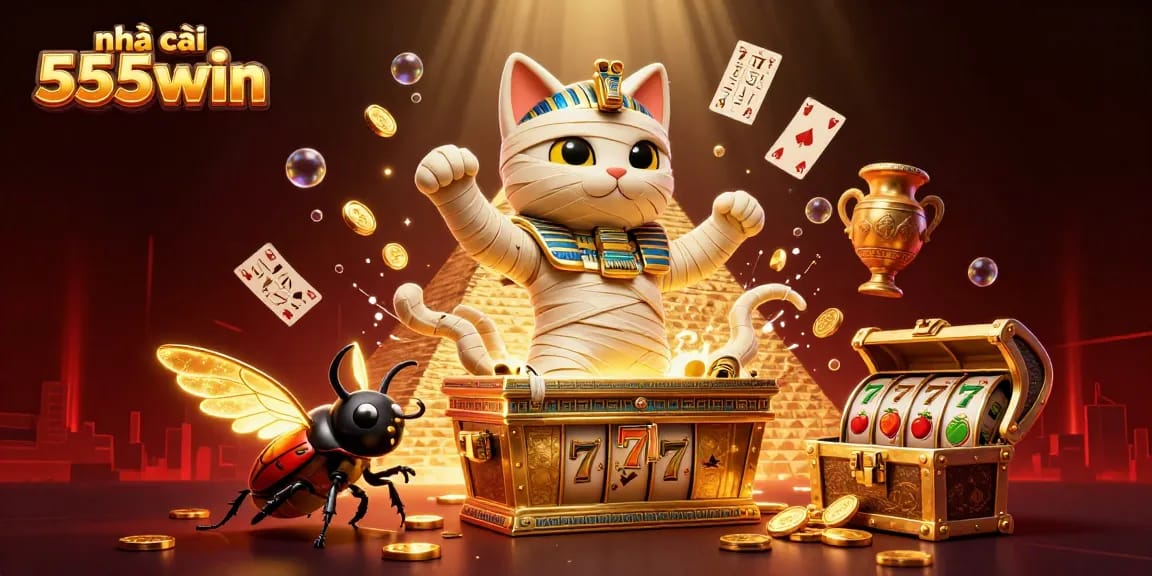 Engage with nhà cái 555win through exciting slot games illustrated by a mummy cat in a pyramid casino.