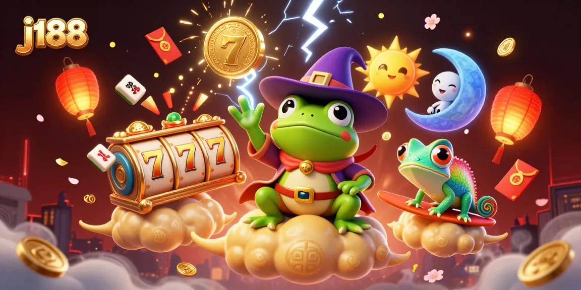 Win big with j188 as coins cascade from a magical frog and vibrant characters animate the online casino.