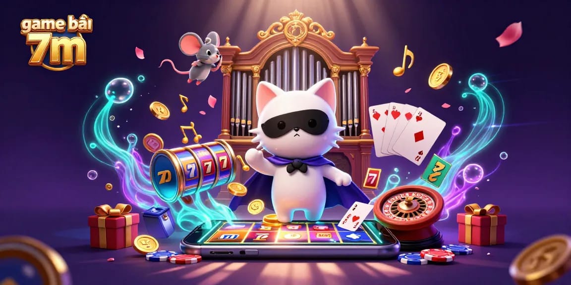 Engage with exciting slot games like game bài 7m at a lavish casino scene filled with vibrant characters.
