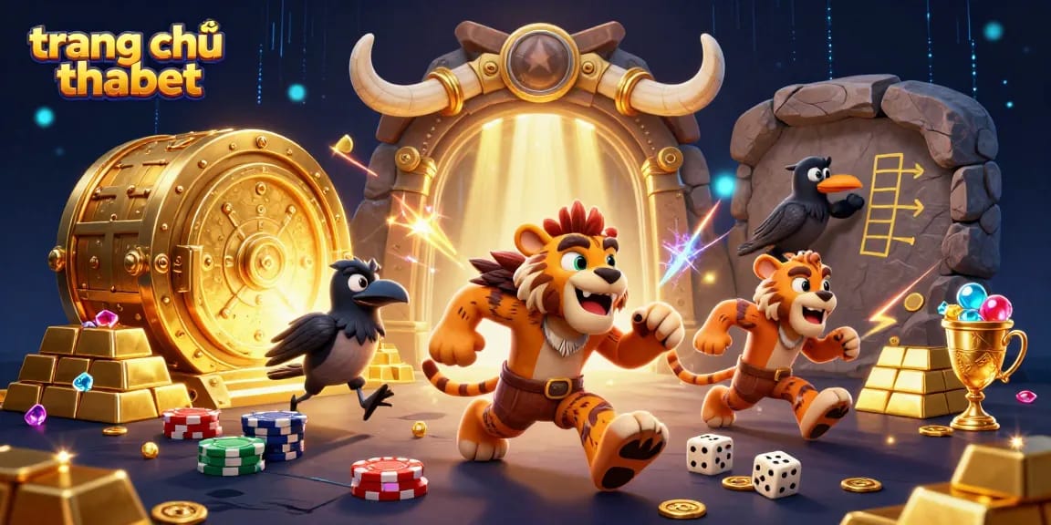 Experience the excitement at trang chủ thabet with a vibrant prehistoric casino scene featuring animated characters and treasures.