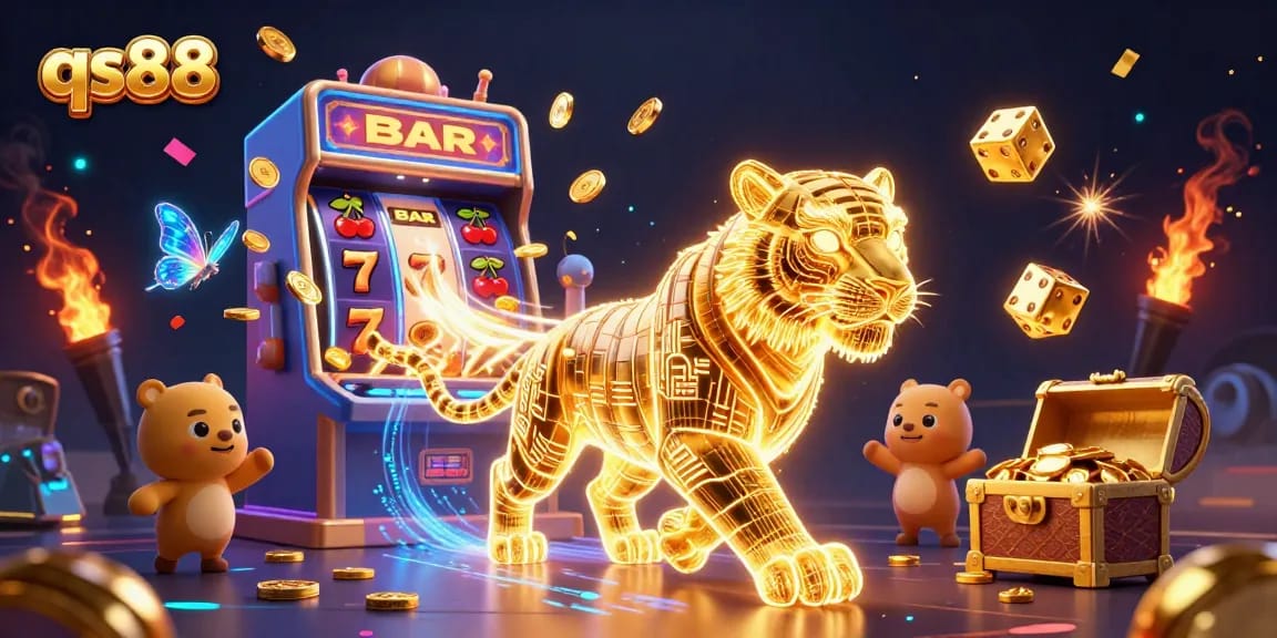Experience thrilling gaming at qs88 with a vibrant scene of a neon tiger in a digital casino.