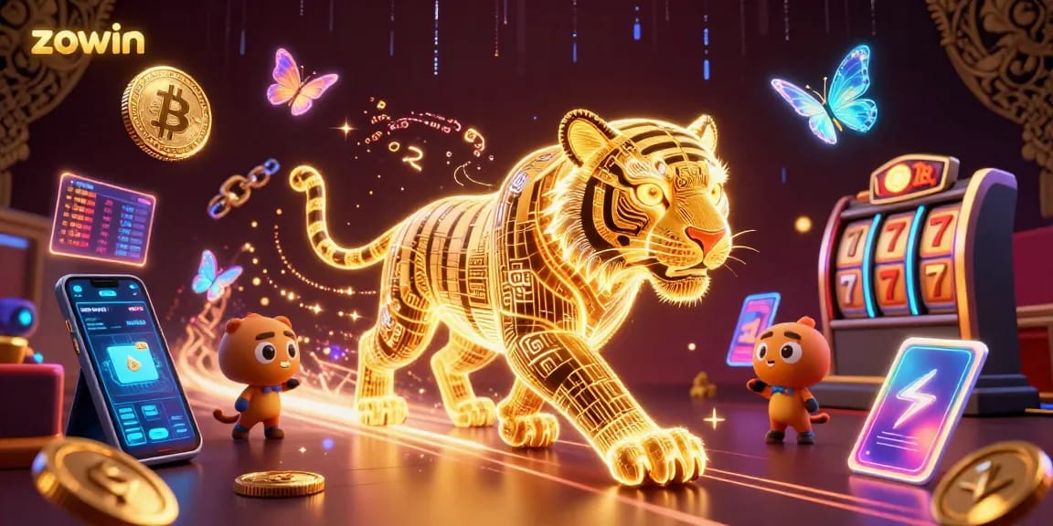 Zowin captivates gamblers with an animated 3D illustration featuring a golden tiger in a digital casino.