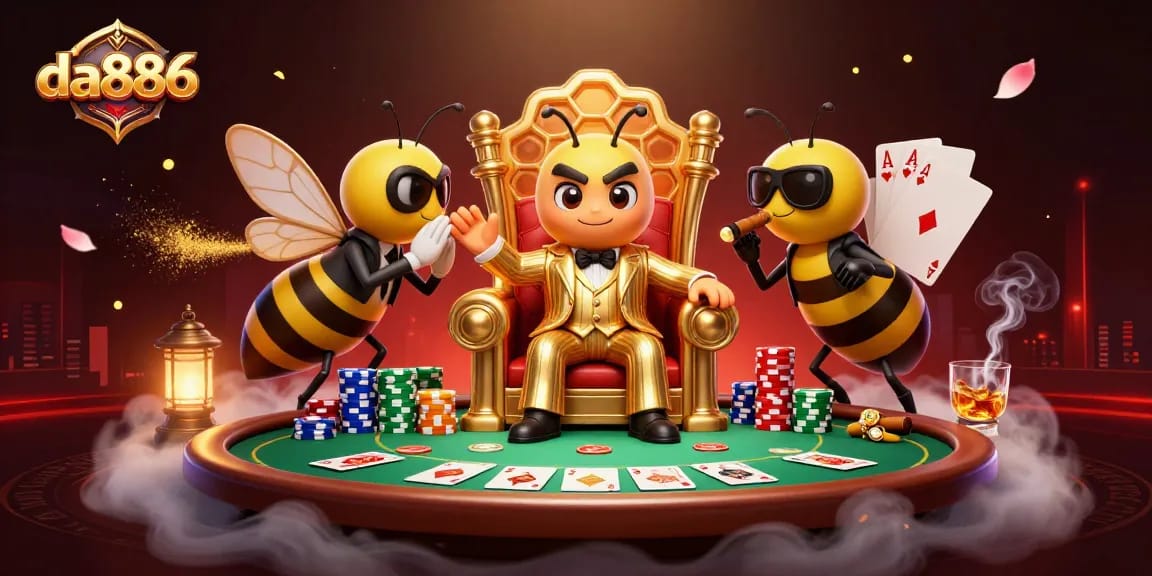 Engage with da886's vibrant casino scene featuring a bumblebee mob boss among poker elements.