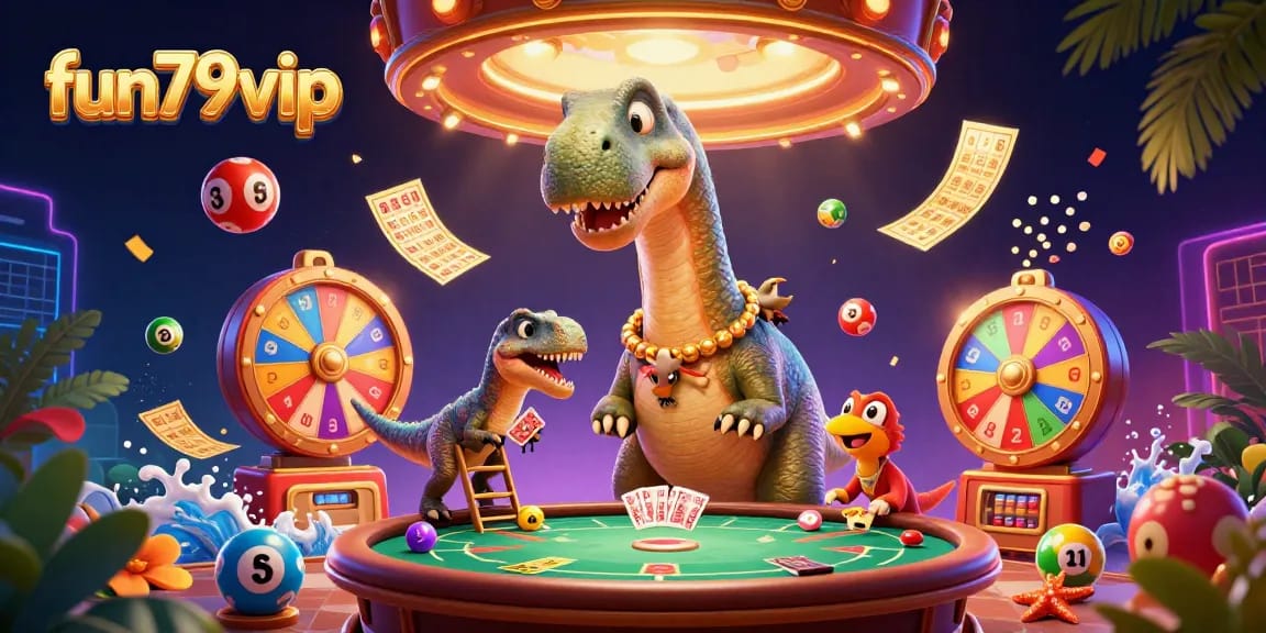 Win big with fun79vip at this vibrant casino scene filled with dynamic lottery elements and excitement.