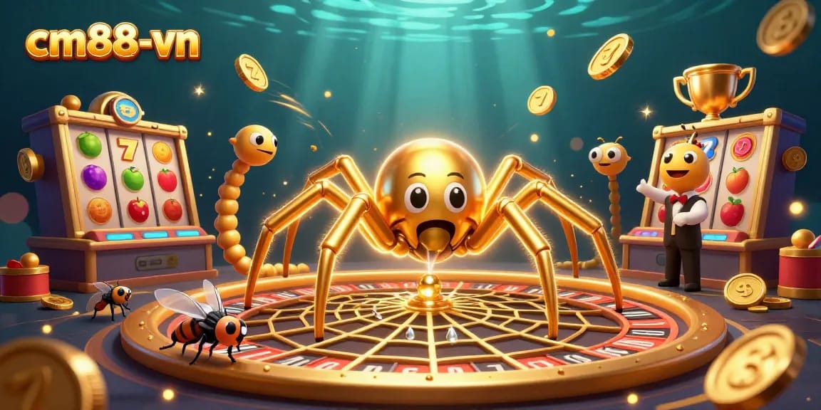 Betting at cm88-vn features a golden spider spinning a roulette wheel web and dynamic slots.