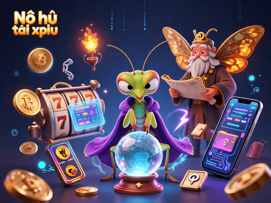Experience Nổ hũ tài xỉu in this vibrant casino-themed illustration with animated elements.