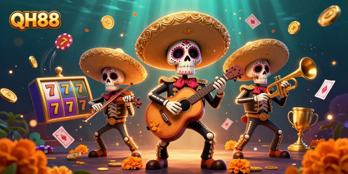 Engage with QH88's vibrant 3D celebration featuring mariachi skeletons and enchanting slot reels.