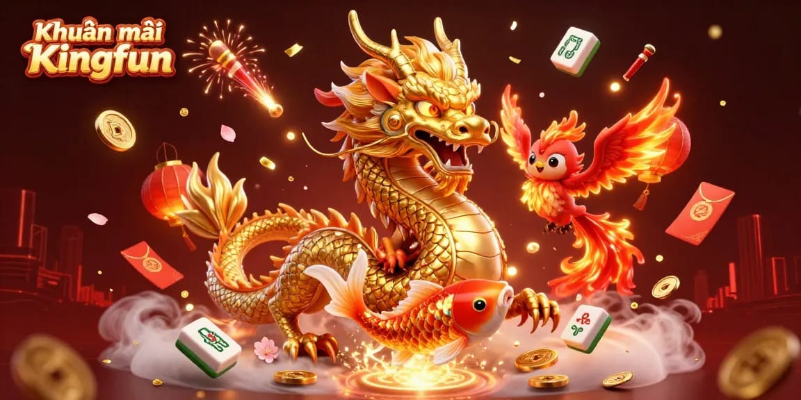 Spin the reels on Khuyến mãi Kingfun, featuring a majestic dragon and lucky koi amidst golden coins.