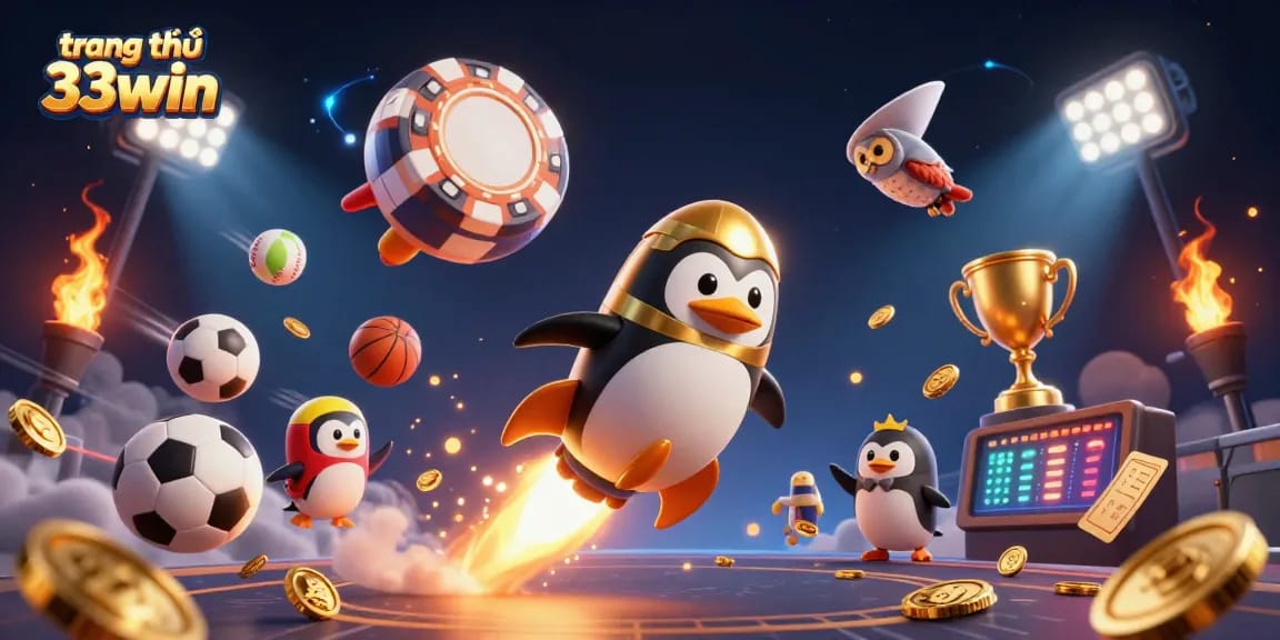 Experience the thrill of trang chủ 33win with dynamic casino-themed 3D illustration showcasing a golden penguin and casino elements.