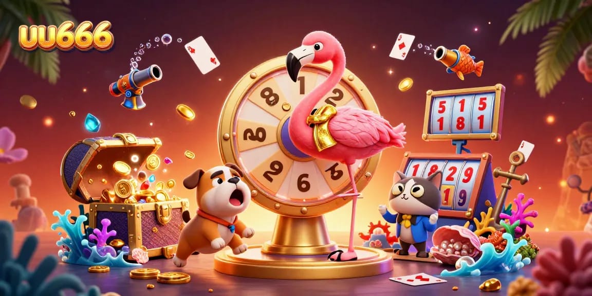 Experience thrilling gameplay with uu666 as a flamboyant game show host and contestants in a vibrant scene.