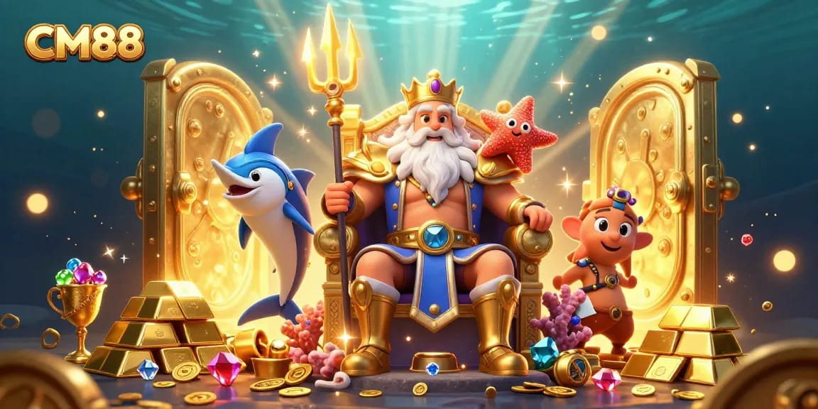 Experience the excitement of CM88 with Neptune and treasures in a vibrant casino scene.