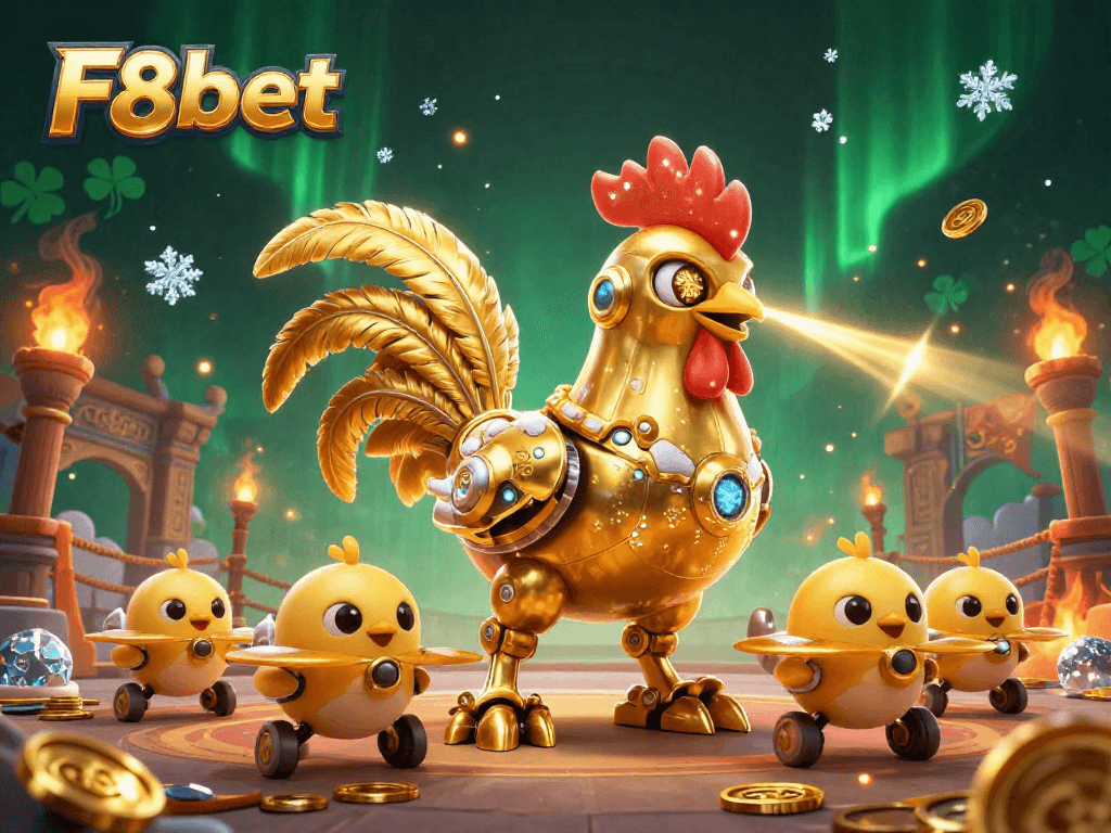 Engage in thrilling gameplay at F8bet with vivid casino scene featuring a golden rooster robot.