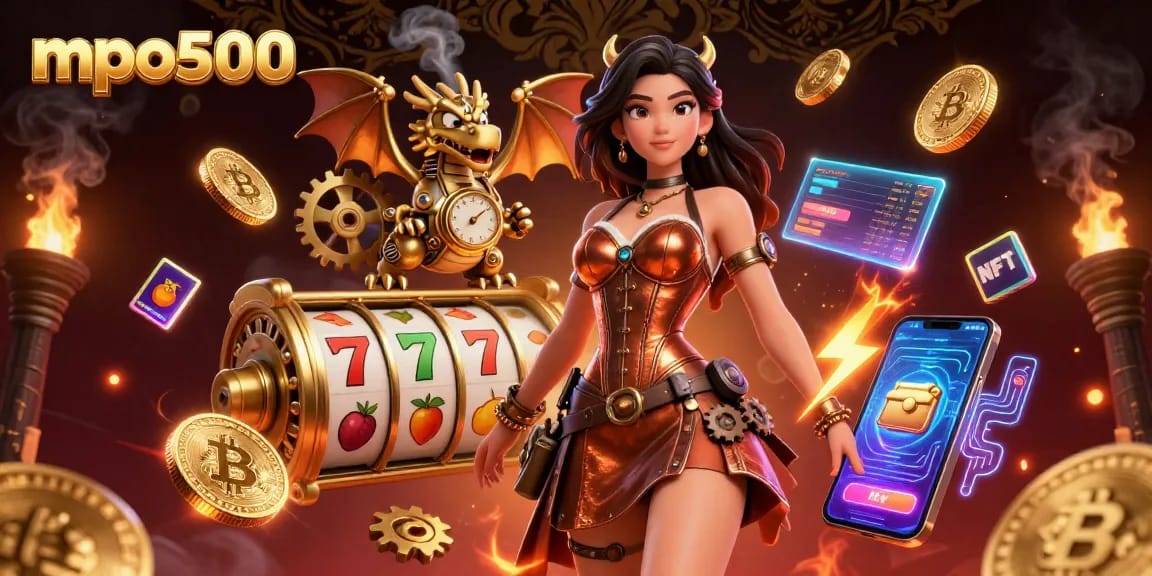 Engage in thrilling MPO500 casino action featuring vibrant slot reels and crypto elements.